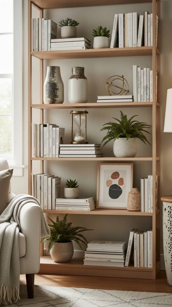 A Bookshelf Styled With a Mix of Vertical and Horizontal Books