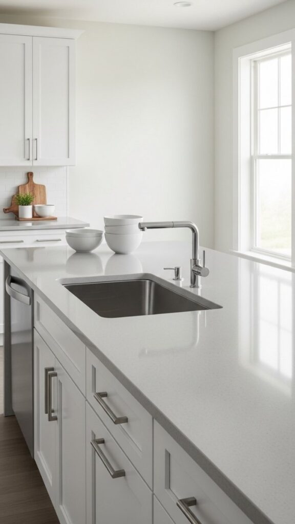 A Concrete or Quartz Countertop With No Visible Seam