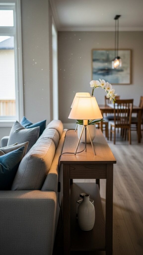 A Console Table Behind the Sofa to Create Separation in Open Plans