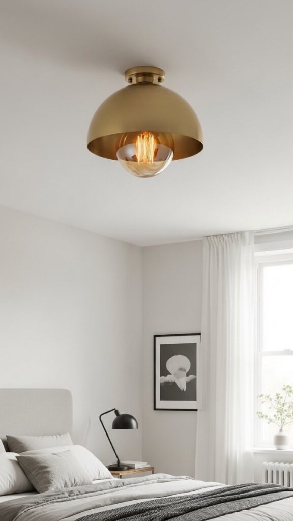 A Copper or Brass Flush-Mount with Visible Bulb as a Design Object