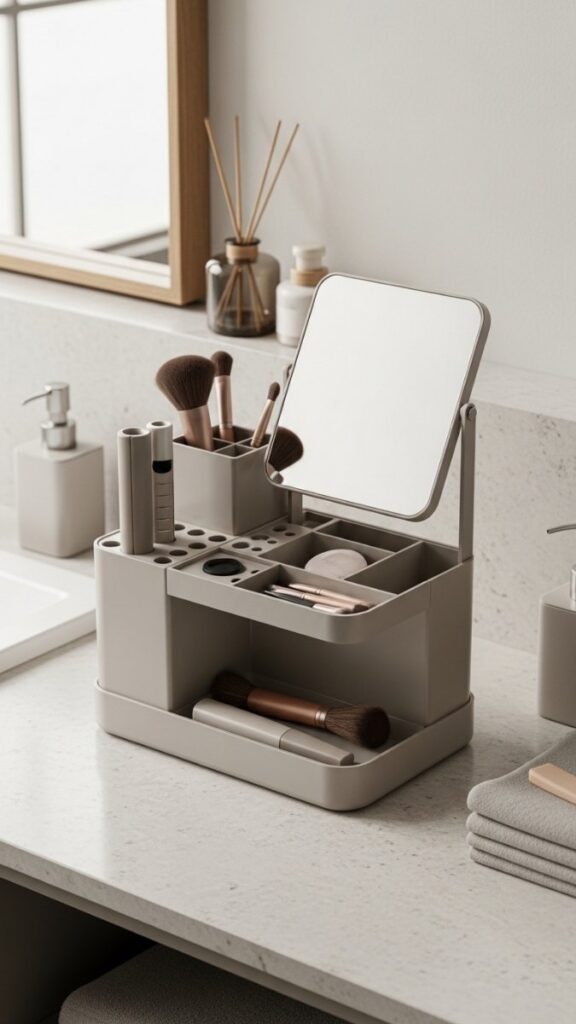 A Countertop Organizer With a Built-In Mirror for Smaller Bathrooms