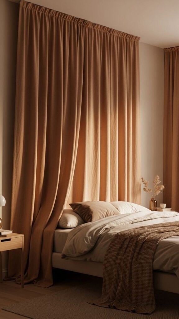 A Curtain Panel Behind the Bed as a Soft Accent Wall Effect