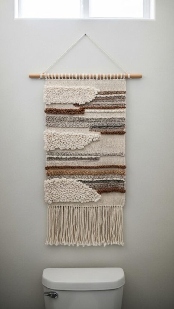 A Folded or Rolled Textile Wall Hanging with a Wooden Dowel