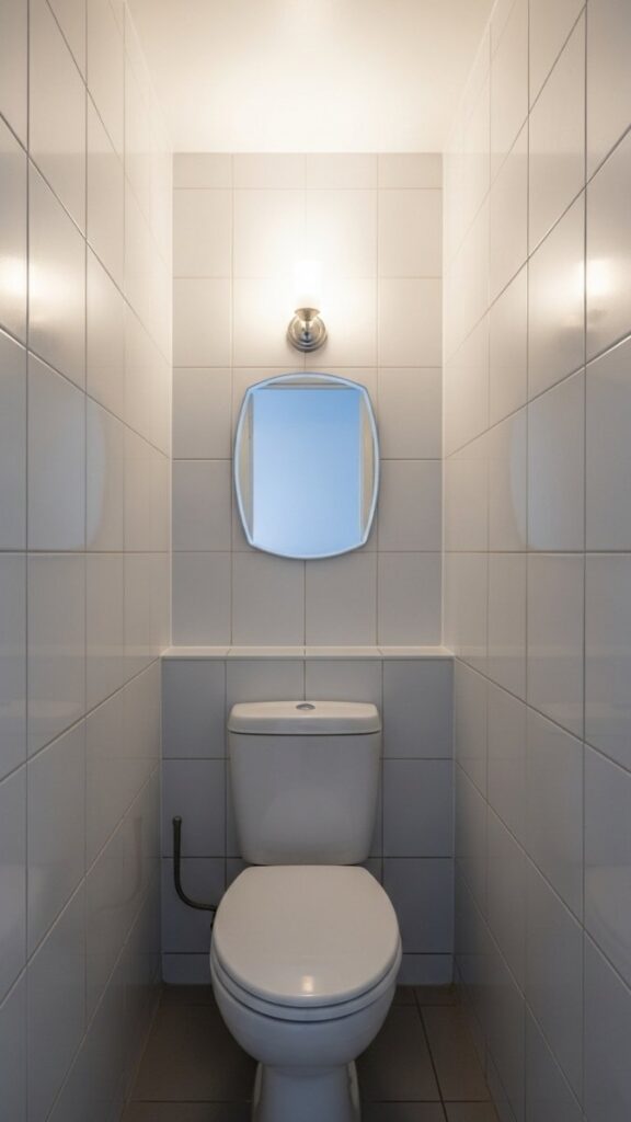 A Framed Mirror Above the Toilet in a Smaller Bathroom