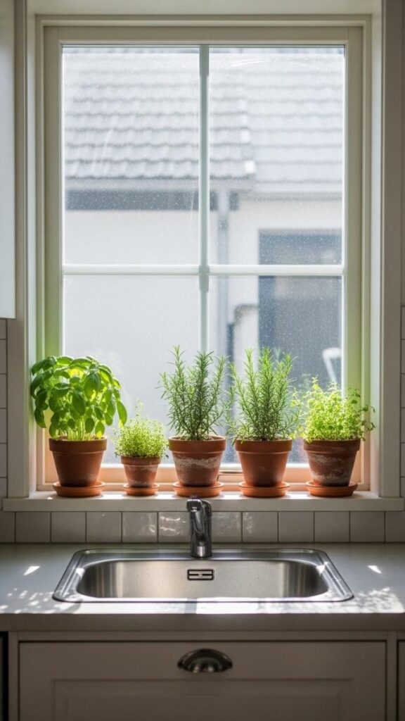 A Herb Garden on the Windowsill Over the Sink