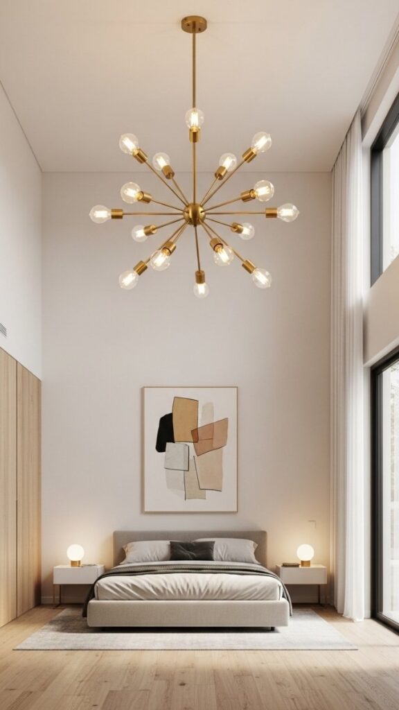 A Large Sputnik-Style Chandelier in a High-Ceiling Bedroom
