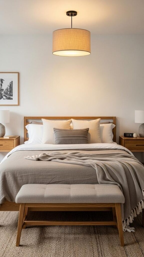 A Linen Drum Pendant Over the Bed for Soft, Downward Light