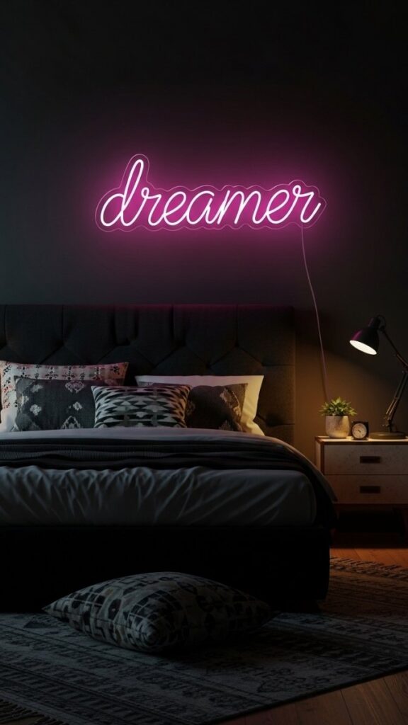 A Neon or LED Sign for Atmosphere in a Modern or Eclectic Bedroom