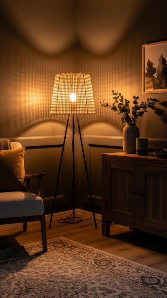 A Rattan Floor Lamp With a Warm Bulb That Solves the Overhead Light Problem
