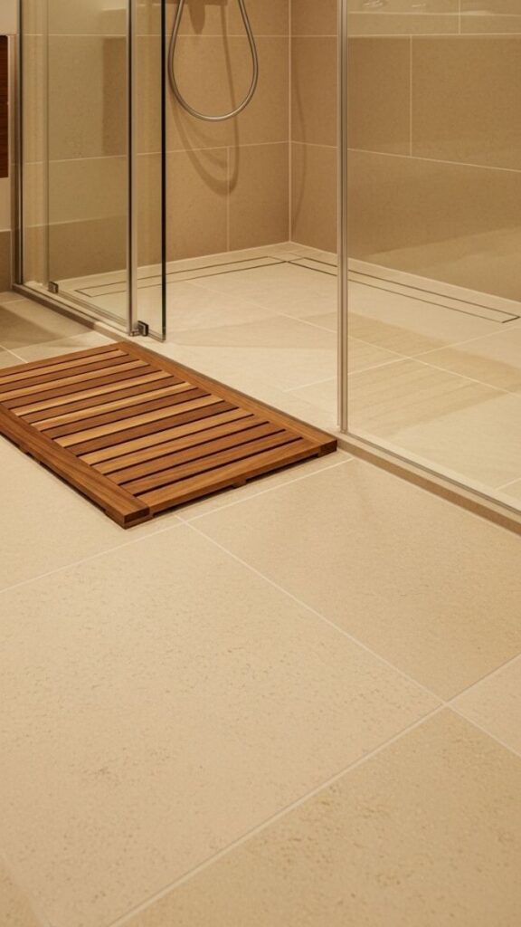 A Simple Teak or Bamboo Bath Mat Instead of Fabric