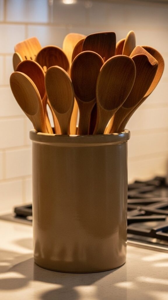 A Small Ceramic Utensil Holder Near the Stove