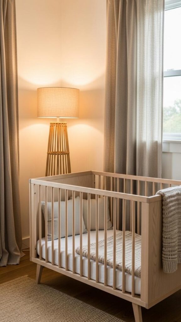 A Soft Neutral Crib Corner with Layered Warm Lighting