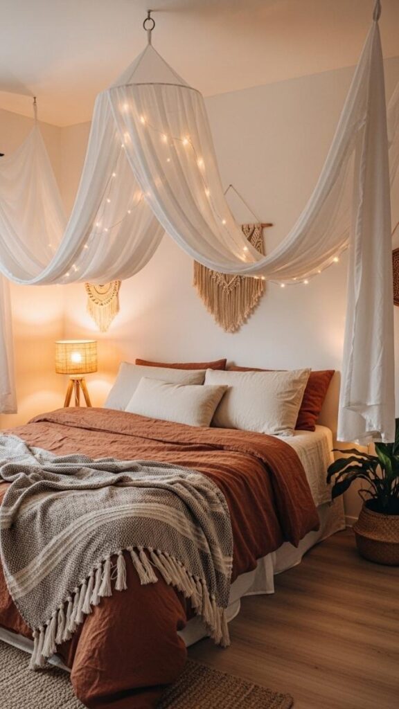 Add a Canopy or Draped Fabric Above the Bed for a Cocooned Feel