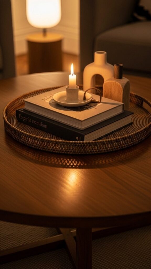 Add a Coffee Table Book Stack and Decorative Tray to Define the Center