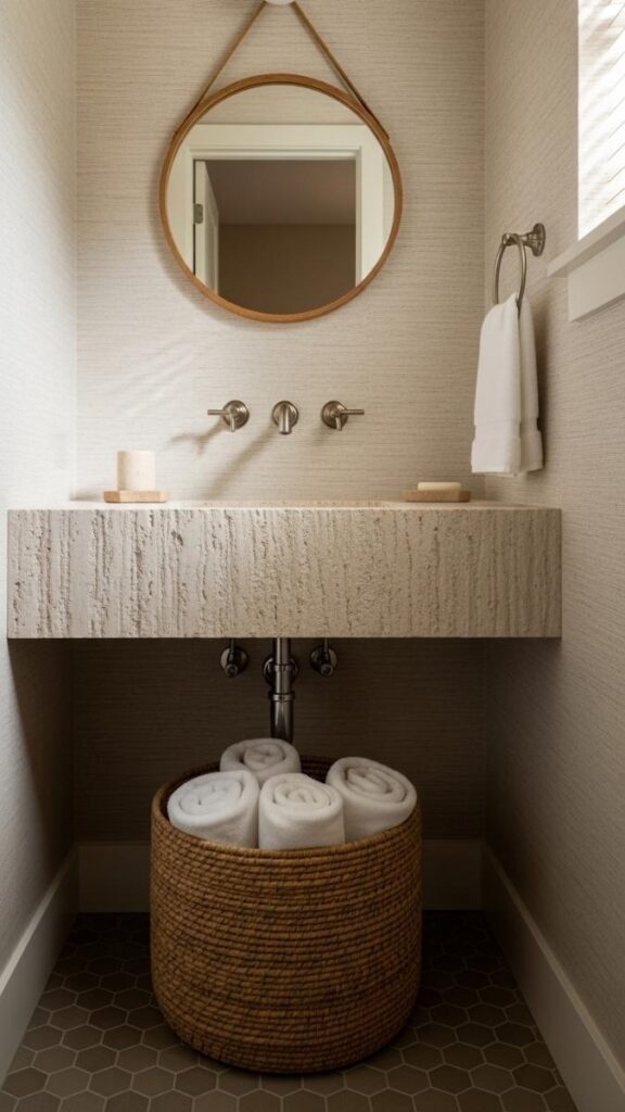 Add a Woven Basket Beneath a Pedestal Sink