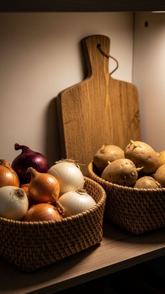 Add Woven or Rattan Baskets on Lower Shelves