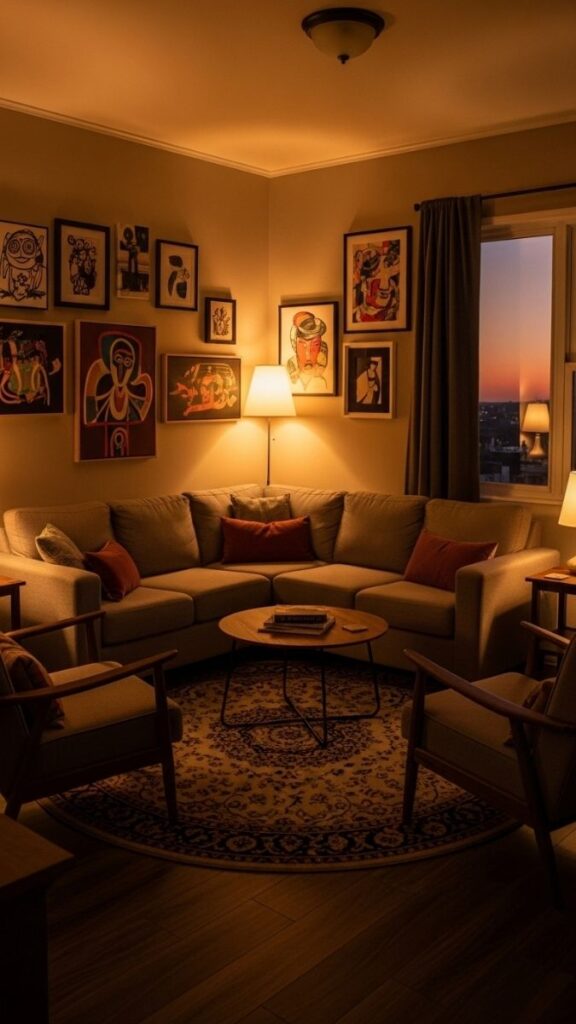 Angle the Sofa in a Corner Layout for Odd-Shaped Rooms