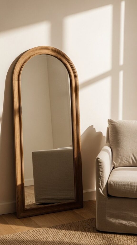 Arched Mirror With a Thin Natural Wood Frame