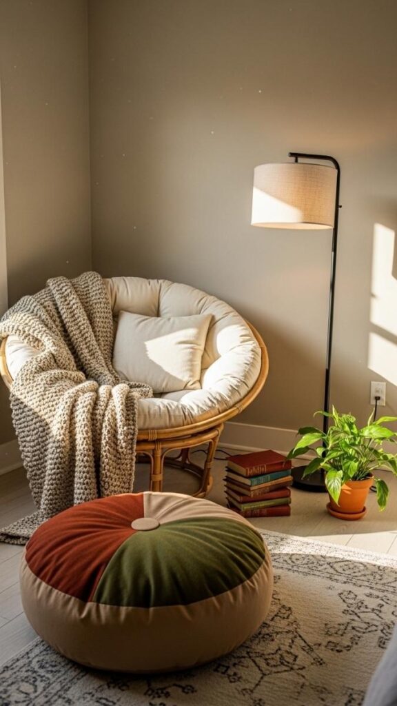 Boho Corner Reading Nook With Floor Cushion and Wicker Chair