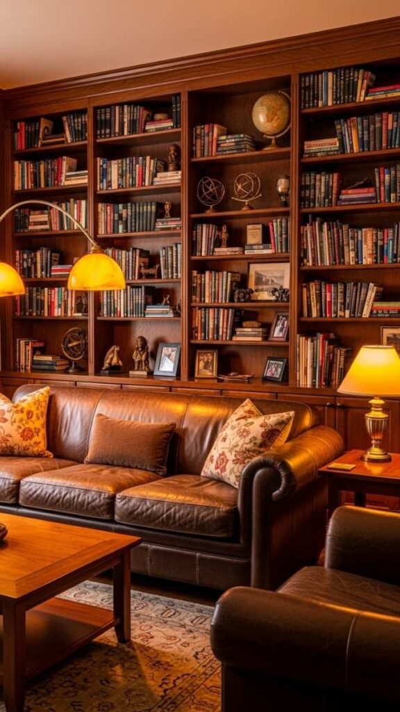 Built-In Bookcase as a Backdrop Above the Sofa