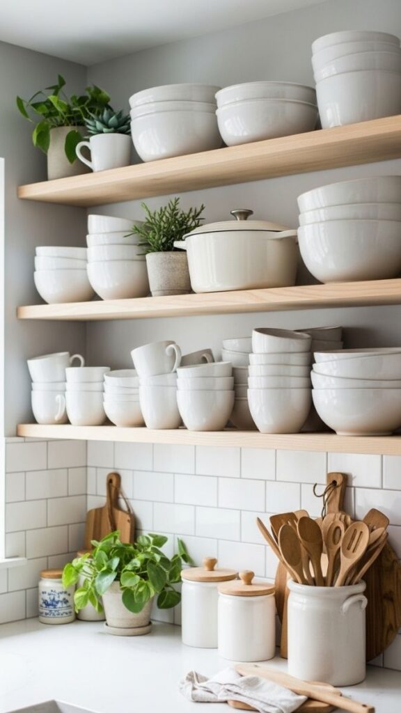 Ceramic or Stoneware Cookware Displayed on Open Shelves