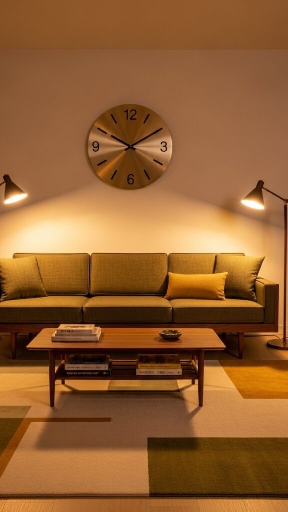 Clock as Statement Wall Piece Above the Sofa