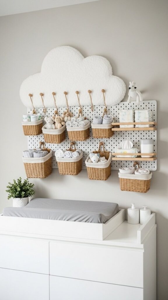 Cloud-Shaped Pegboard for Diaper Organization