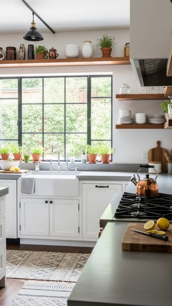 Concrete or Stone Countertops Paired With Warm Wood Accents