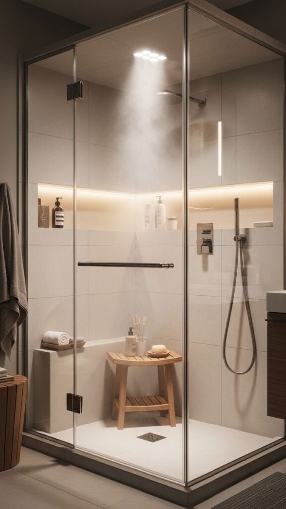 Create a Steam Shower Feel with a Teak Corner Stool