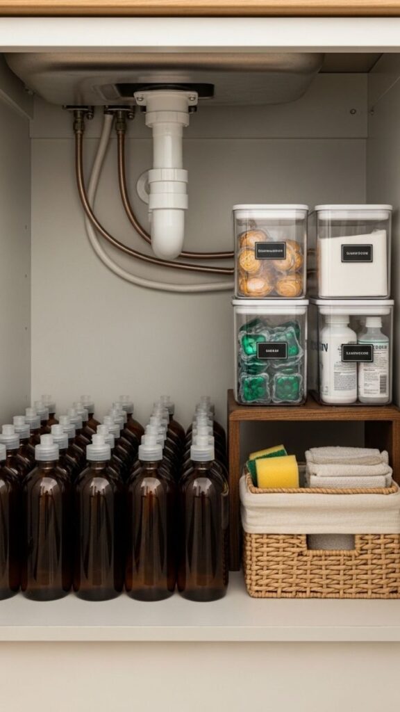 Decant Cleaning Products Into Uniform Bottles Under the Sink