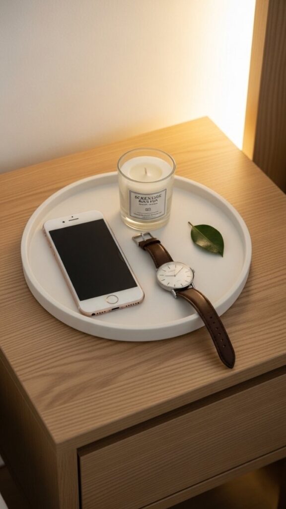 Declutter the Nightstand by Using a Small Tray to Contain Loose Items