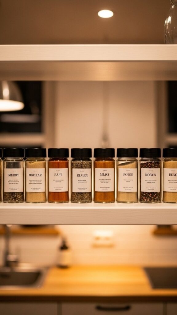 Display Spices in Uniform Jars on a Dedicated Shelf