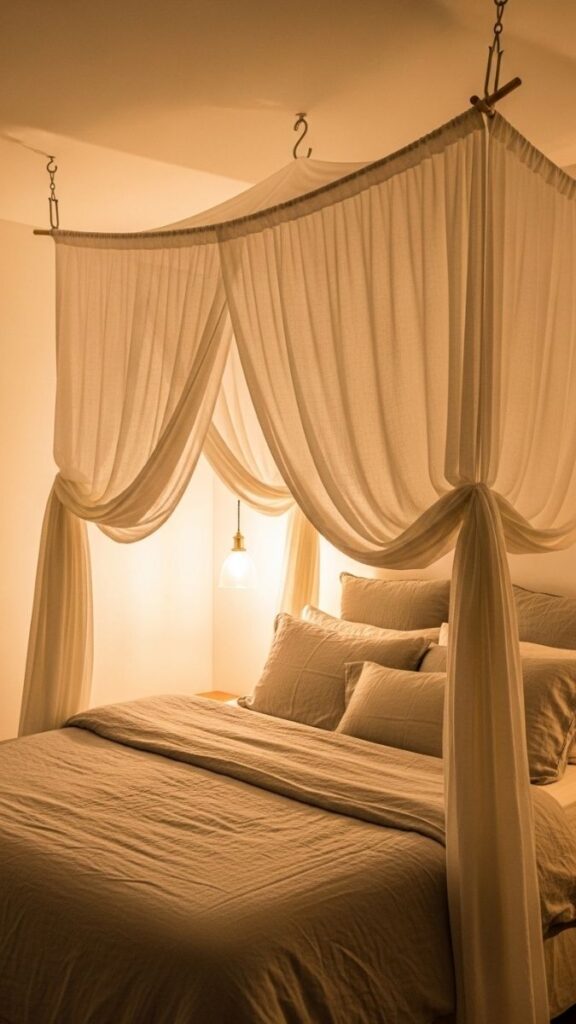 Earthy Canopy Bed Using Sheer Fabric and a Ceiling Hook