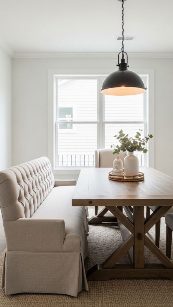 Farmhouse-Style Dining Bench Upholstered in Natural Linen