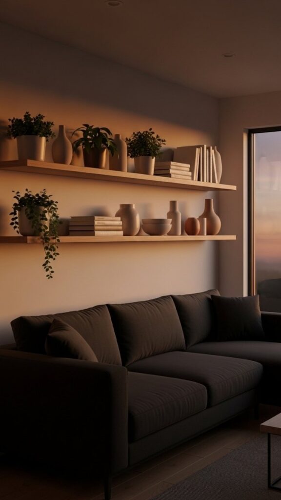 Floating Shelf With Curated Objects Above the Sofa
