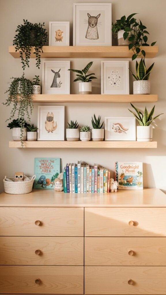 Floating Shelves Above the Dresser for Display and Storage