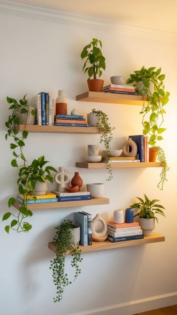 Floating Wall Shelves in a Staggered Arrangement for Empty Wall Space