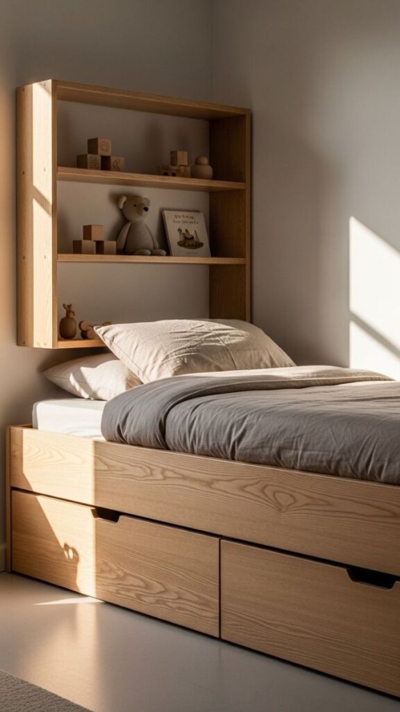 Floor Bed Frame with Low Storage Drawers Underneath