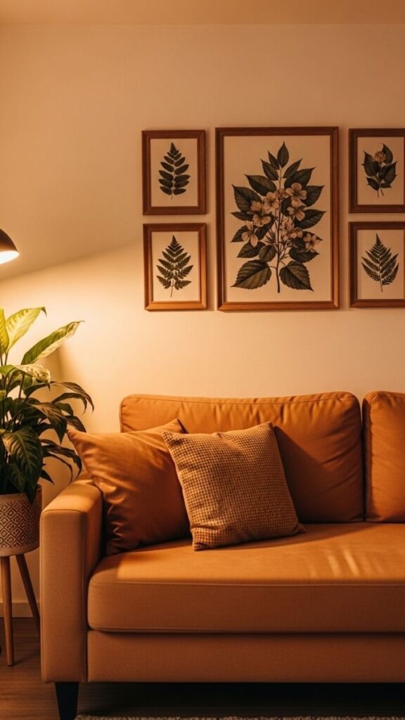 Framed Botanical Prints in an Earthy, Layered Arrangement