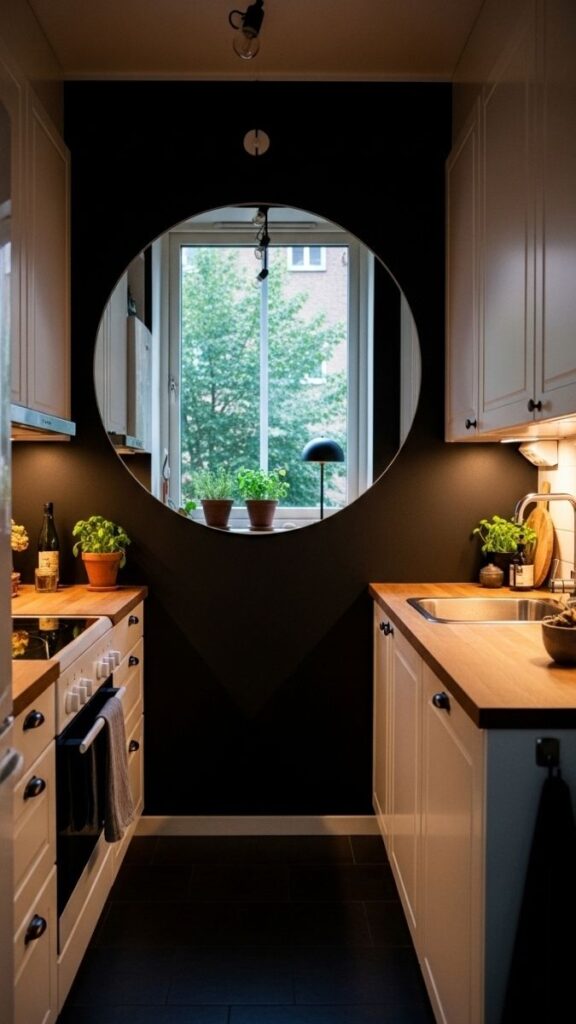 Hang a Large Mirror or Mirrored Panel to Reflect Light in a Dark Kitchen