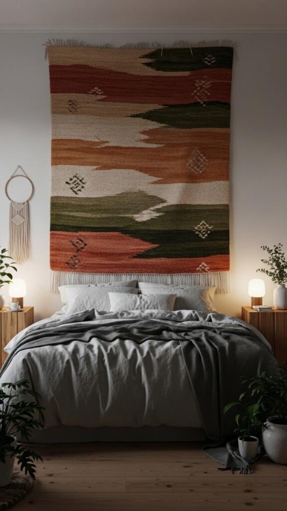 Hang a Woven Wall Hanging Above the Bed Instead of Art