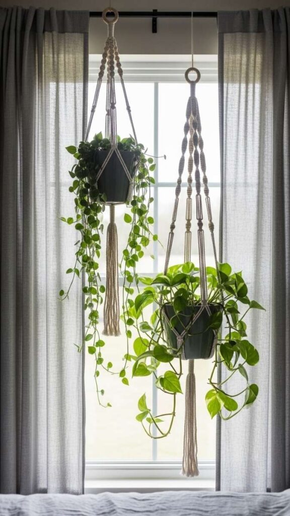 Hanging Plants in Macramé Planters Near the Window