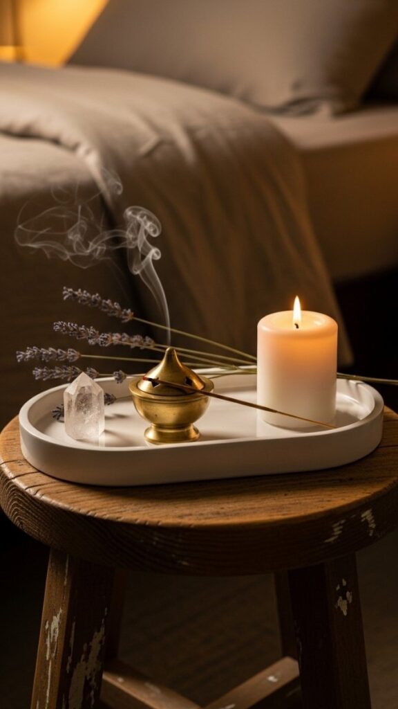 Incense Holder, Tray, and Ritual Objects as Bedside Styling