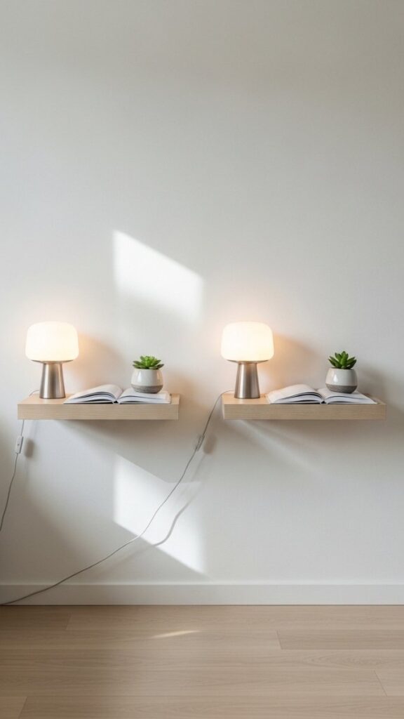 Incorporate Floating Shelves for Bedside Storage Without Bulk