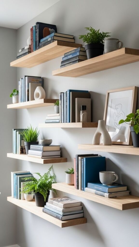 Install Floating Shelves at Varying Heights to Replace a Bookcase