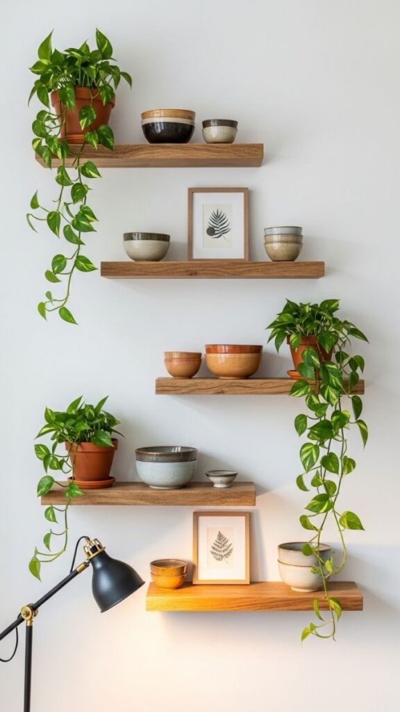 Install Floating Shelves Styled with Plants, Books, and Ceramics