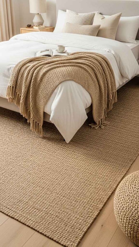 Jute or Wool Area Rug Centered Under the Bed