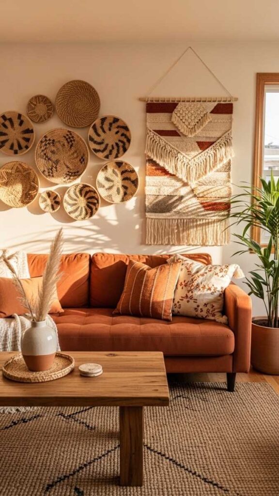 Layered Textiles and Wall Baskets in a Boho Setup