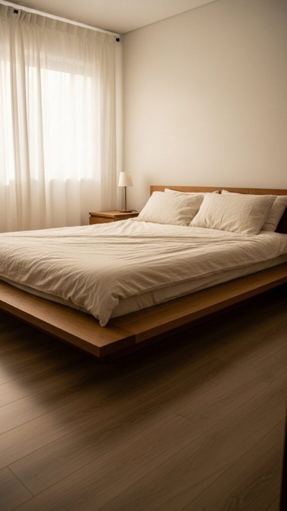 Low Platform Bed on Natural Wood Frame