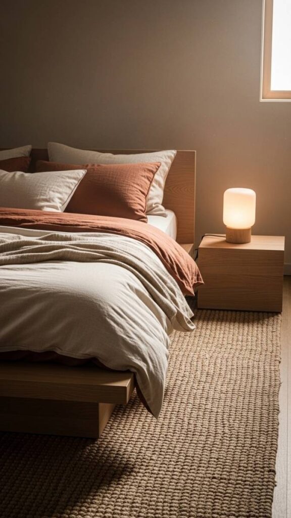 Low Platform Bed With Layered Linen and a Jute Rug